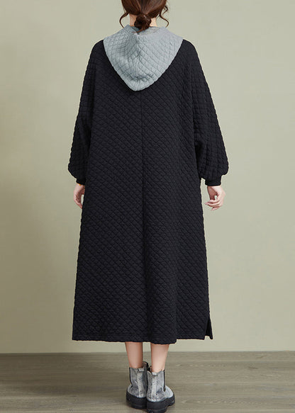Black Hooded Patchwork Thick Long Dresses Long Sleeve