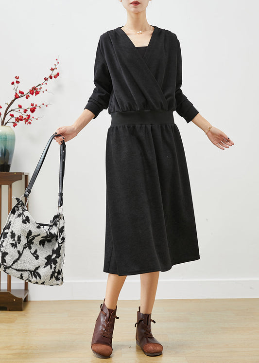 Black V Neck Elastic Waist Cotton Sweatshirts Dress Fall