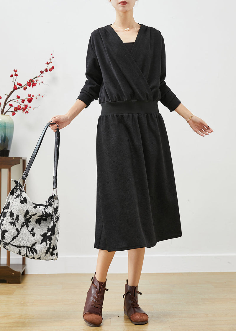 Black V Neck Elastic Waist Cotton Sweatshirts Dress Fall