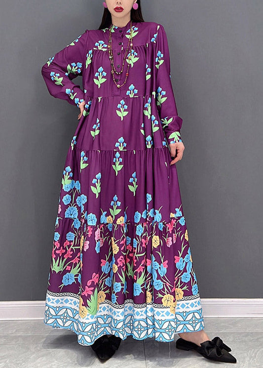 Italian Purple Stand Collar Button Vacation Dresses Long Sleeve