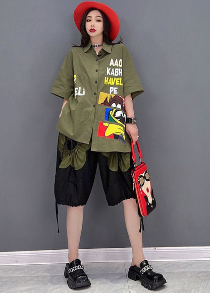 Novelty Army Green Character Applique Elastic Waist Drawstring Cotton Shirts and Shorts Two Pieces Set Summer