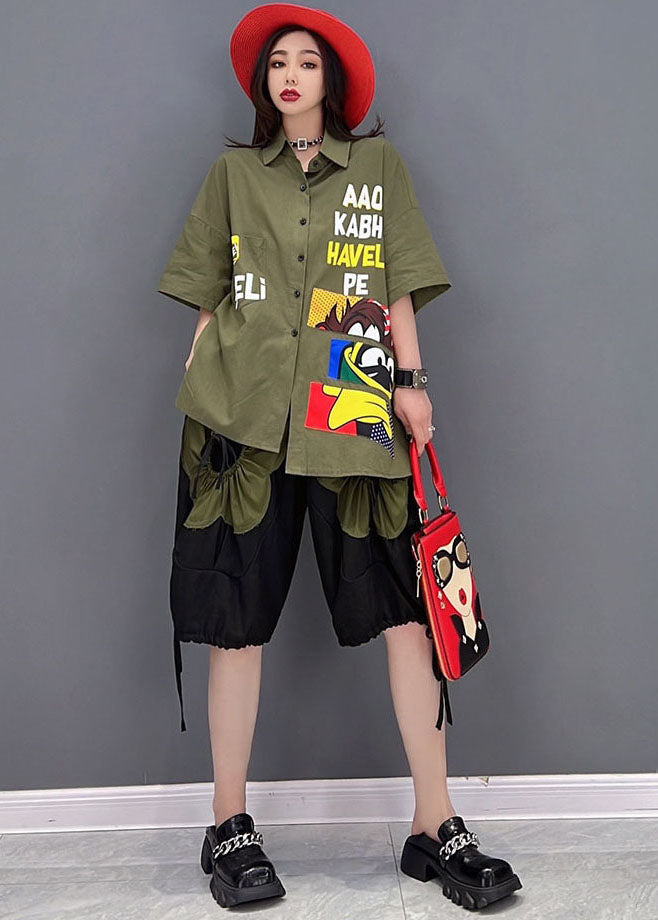 Novelty Army Green Character Applique Elastic Waist Drawstring Cotton Shirts and Shorts Two Pieces Set Summer