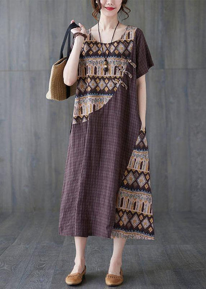 Chocolate Patchwork Print Oriental Party Summer Cotton Dress