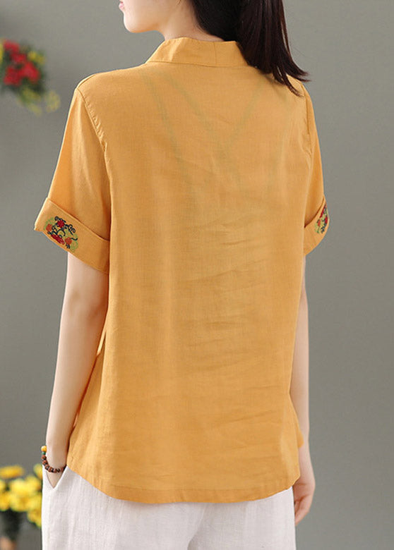 Yellow V Neck Embroideried Button Shirt Short Sleeve