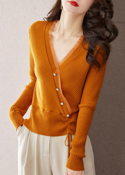 Blue V Neck Drawstring Patchwork Woolen Sweaters Fall