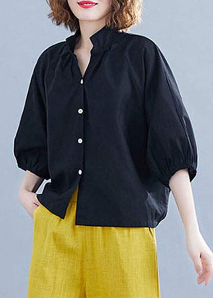 Black Stand Collar Button Cotton Shirt Half Sleeve