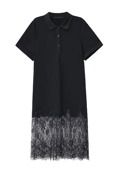 Black Peter Pan Collar Lace Patchwork Cotton Dresses Summer