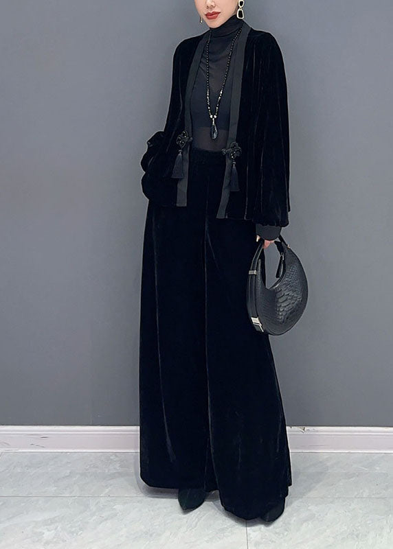 French Black V Neck Patchwork Button Silk Velour Coats and Wide Leg Pants Two Pieces Set Fall