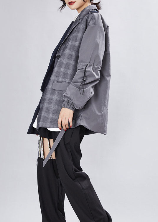 Simple Grey Patchwork Plaid Asymmetrical Design Fall Coats Long Sleeve
