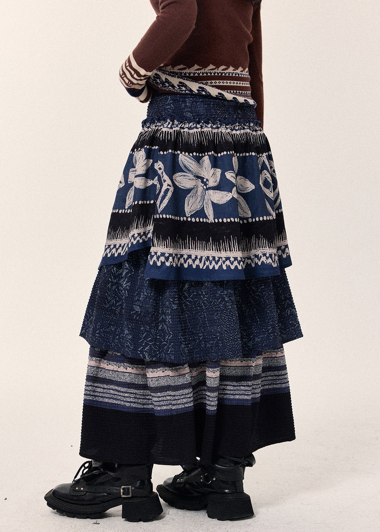 Style Navy Layered Patchwork Linen Skirt Spring