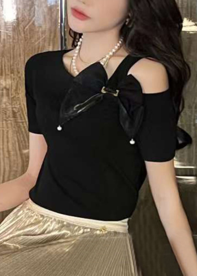 Brief White O-neck Asymmetrical Bow Shirts Summer