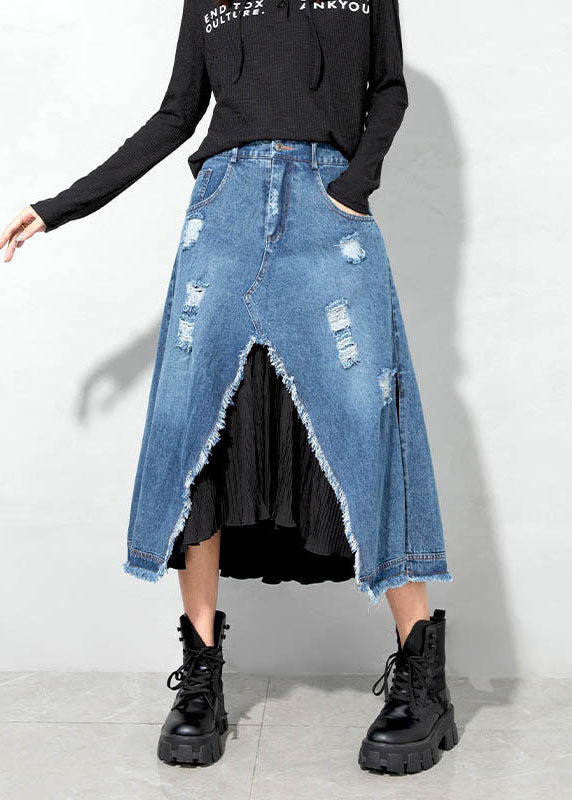 Blue Asymmetrical Patchwork Skirts Spring