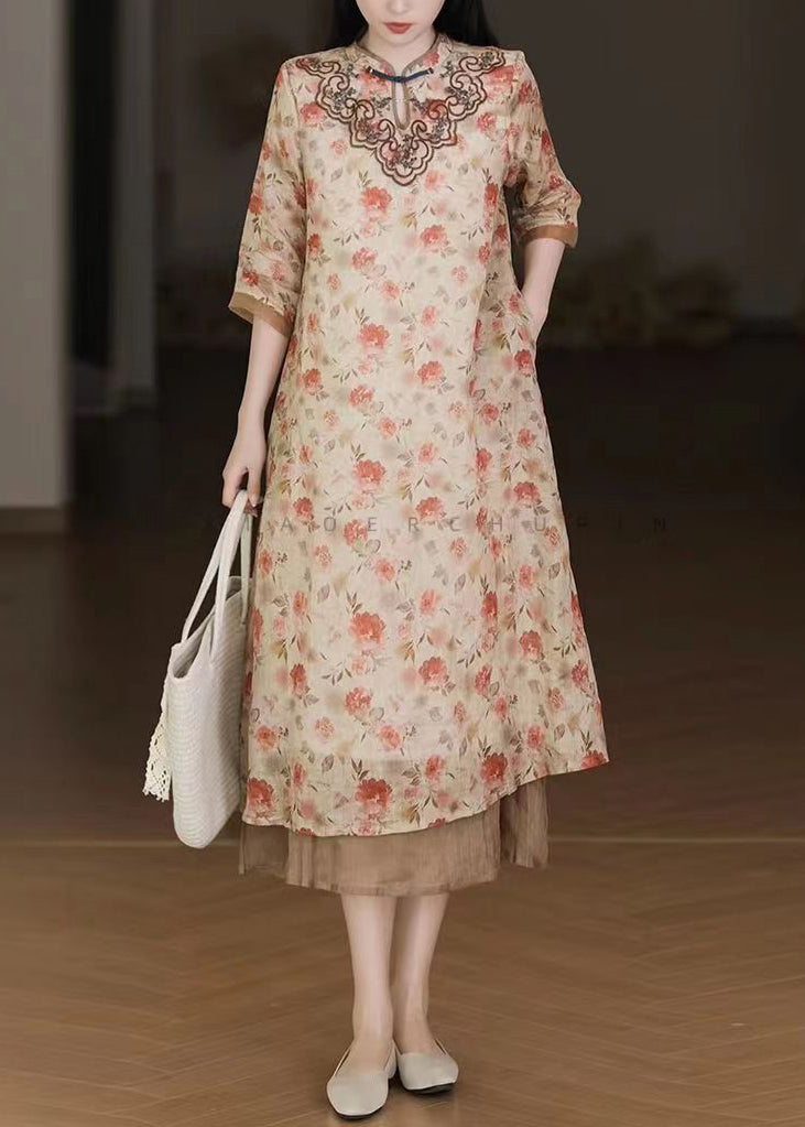 Apricot Embroideried Print Patchwork Linen Dresses Half Sleeve