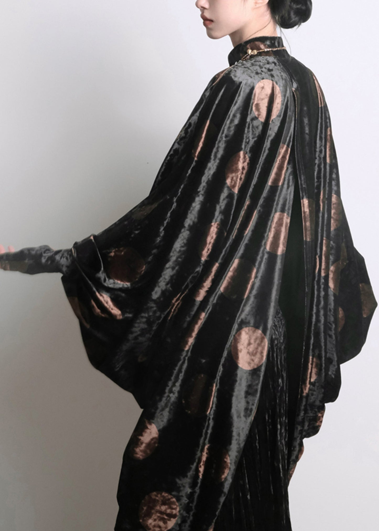 Black Asymmetrical Print Silk Velour Shirts Batwing Sleeve