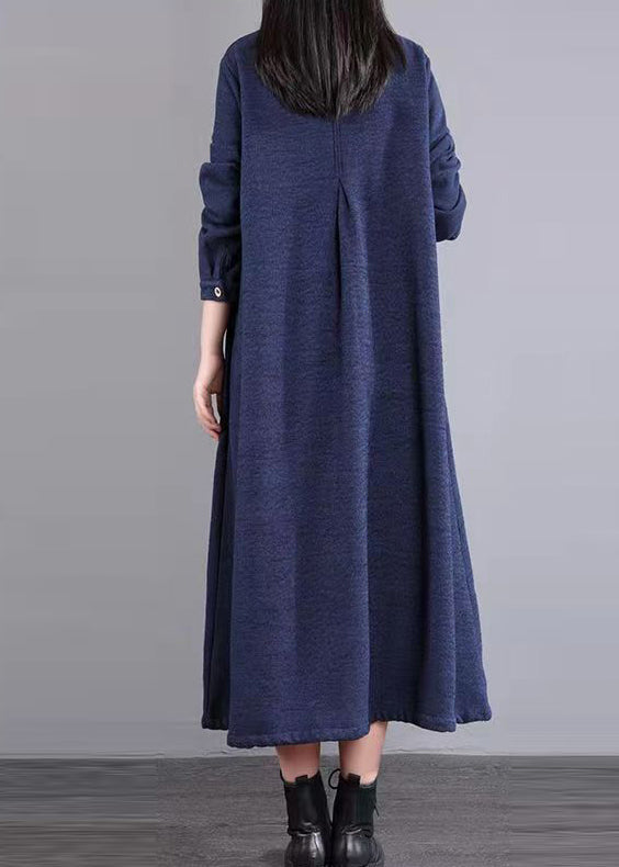 Navy Peter Pan Collar Patchwork Warm Fleece Long Dress Winter