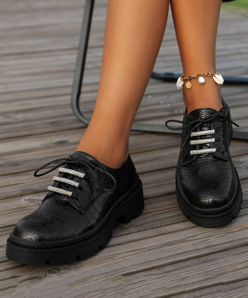 New Black Round Head Lace Up Faux Leather
