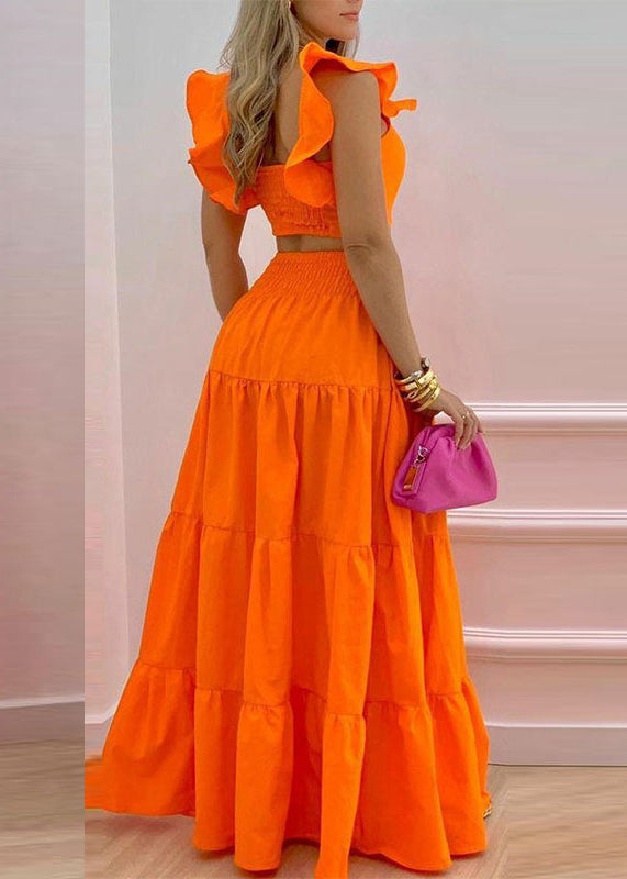 Orange Elastic Waist Cotton Two Pieces Set Square Collar Sleeveless