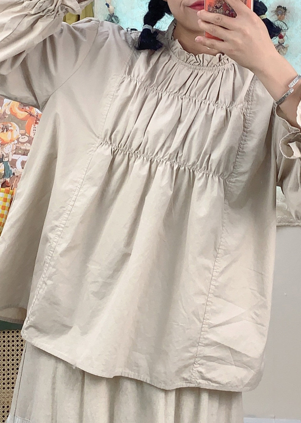 French Purple Ruffled Lace Up Cotton Top Spring