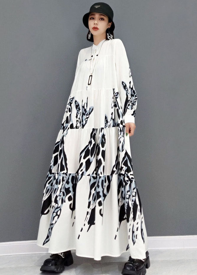 White Stand Collar Print Pleated Long Dresses Long Sleeve
