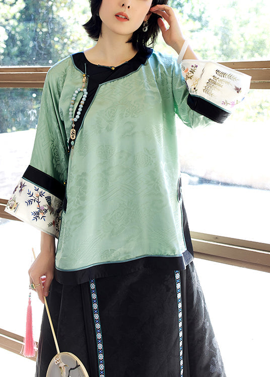 Green O-neck Embroideried Patchwork Jacquard Silk Top Long Sleeve
