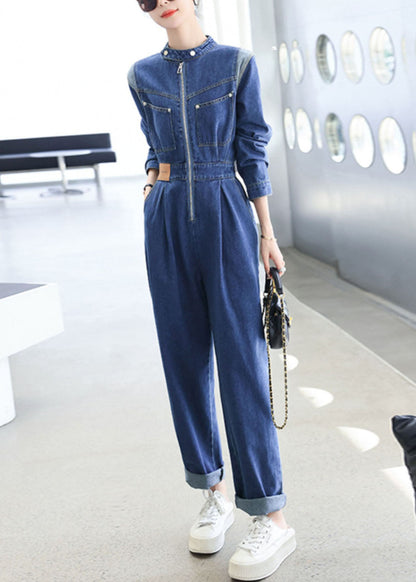 Natural Dark Blue O-neck Patchwork Flattering Denim Jumpsuit Fall