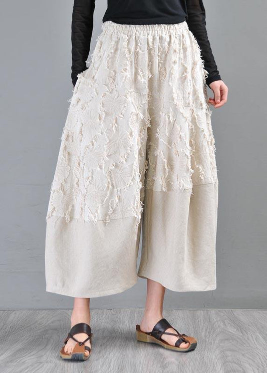 Natural Beige Patchwork Asymmetrical Design Cotton Linen Wide Leg Summer Pants