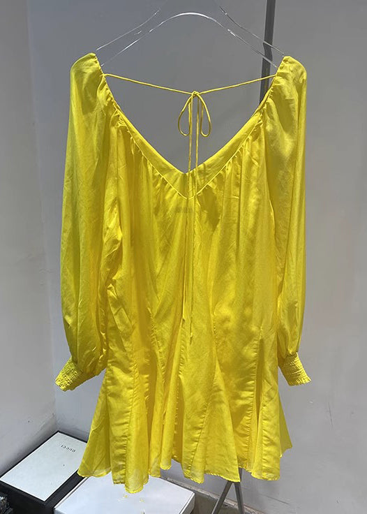 New Yellow V Neck Lace Up Cotton Mini Dress Spring