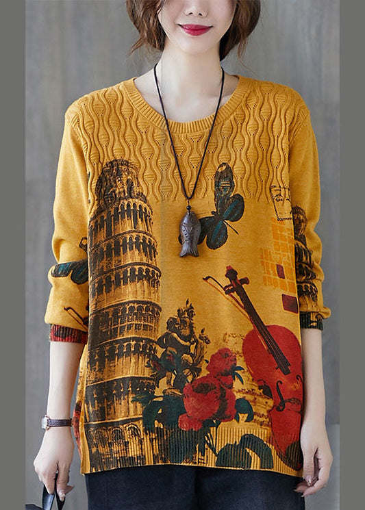 Fitted Yellow O-neck Loose Print Fall Knit Sweaters
