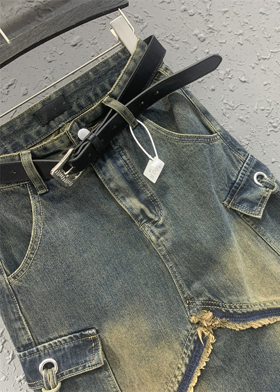 Fitted Blue High Waist Design Pockets Patchwork Denim Skirts Spring