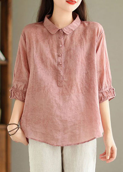 Pink Print Linen Top Button Half Sleeve