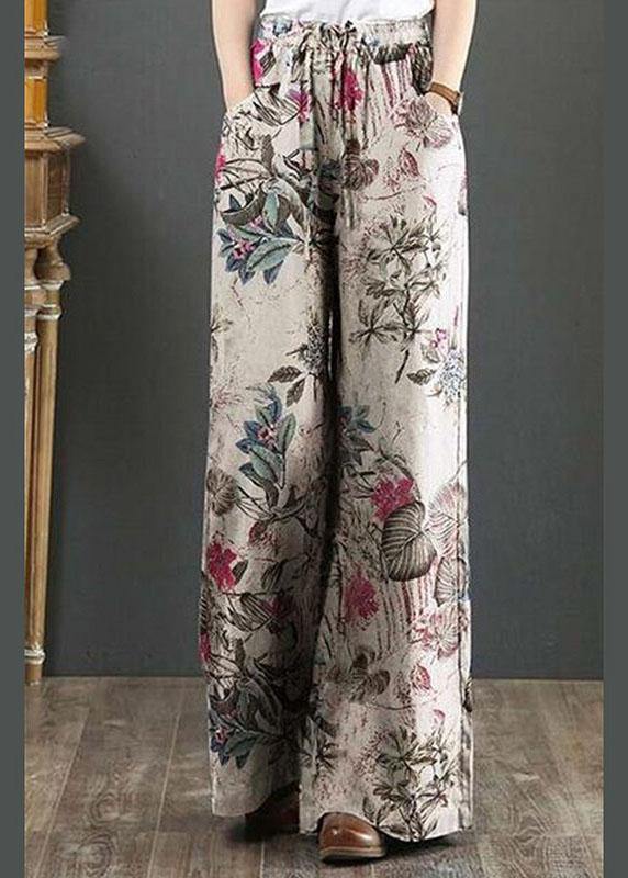 Cotton Palnt Print Pocket Drawstring Elastic Waist Retro Wide Leg Pants