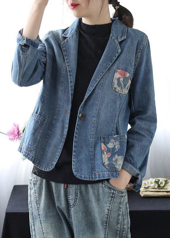 Blue Peter Pan Collar Print Button Denim Coats Spring