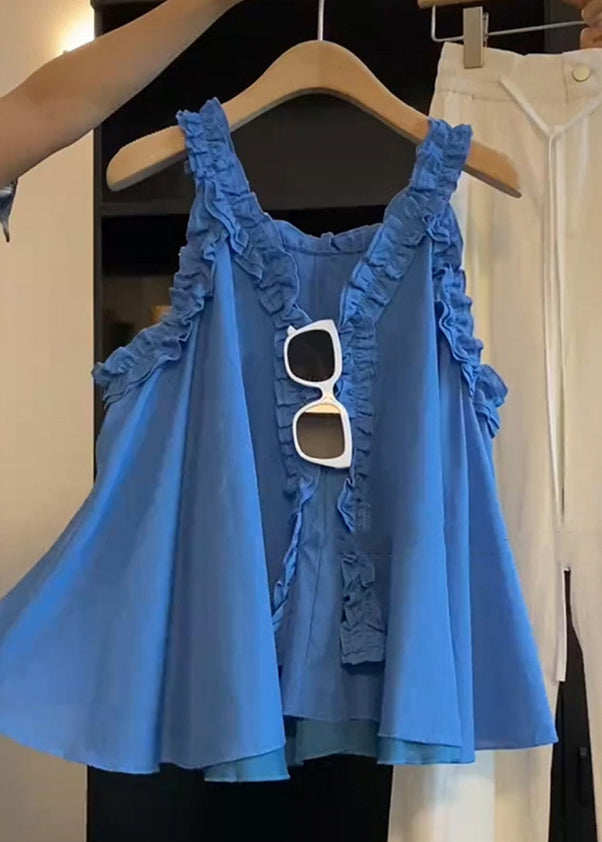 Art Blue Ruffled Cotton Blouse Top Sleeveless