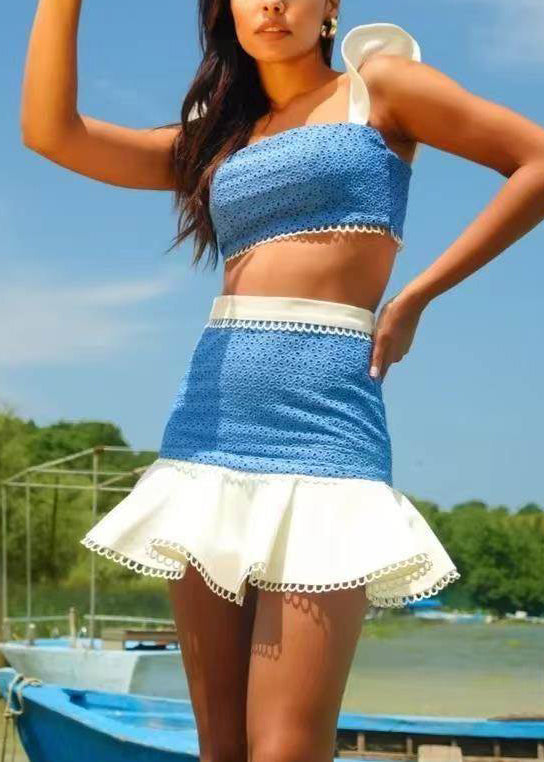 Blue Patchwork Cotton Two Piece Set Outfits Butterfly Sleeve