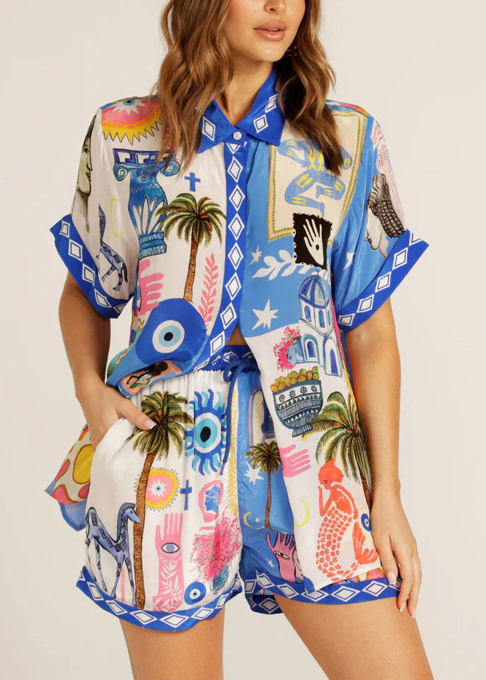 Blue Peter Pan Collar Print Ice Silk Two Pieces Set Summer