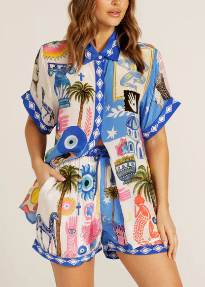Blue Peter Pan Collar Print Ice Silk Two Pieces Set Summer