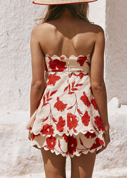Red Backless Print Cotton Two Pieces Set Summer