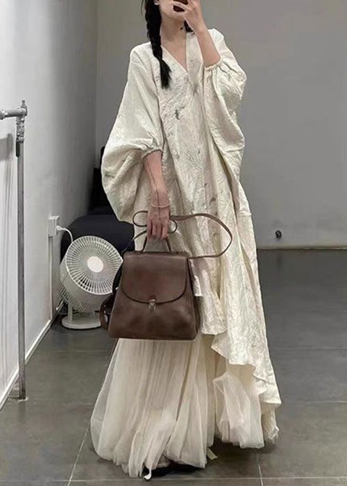 Beige Asymmetrical Tulle Patchwork Maxi Dress Lantern Sleeve