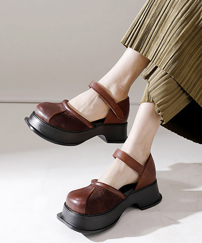 Cowhide Leather Splicing Platform Buckle Strap Loafer Shoes