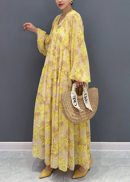 Yellow V Neck Ruffled Print Chiffon Long Dresses Fall