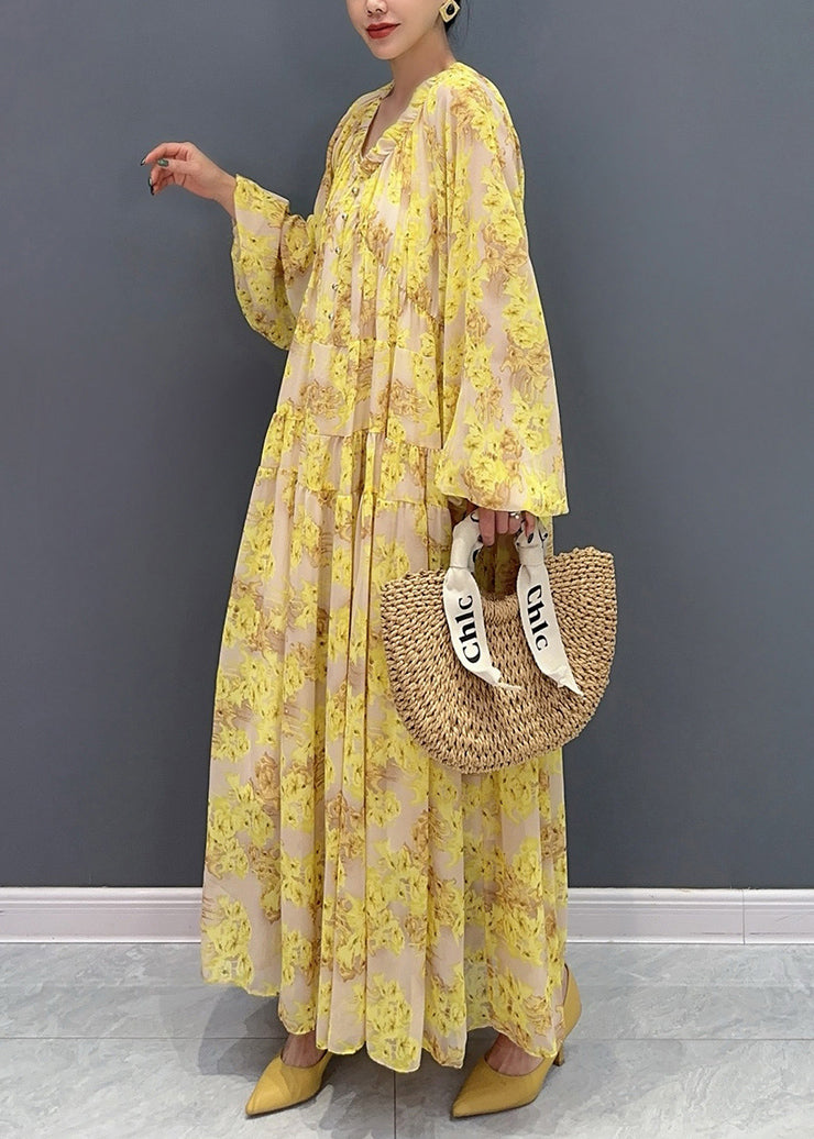 Yellow V Neck Ruffled Print Chiffon Long Dresses Fall