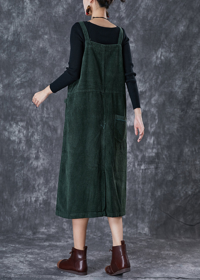 Blackish Green Oversized Pockets Corduroy Strap Dress Fall