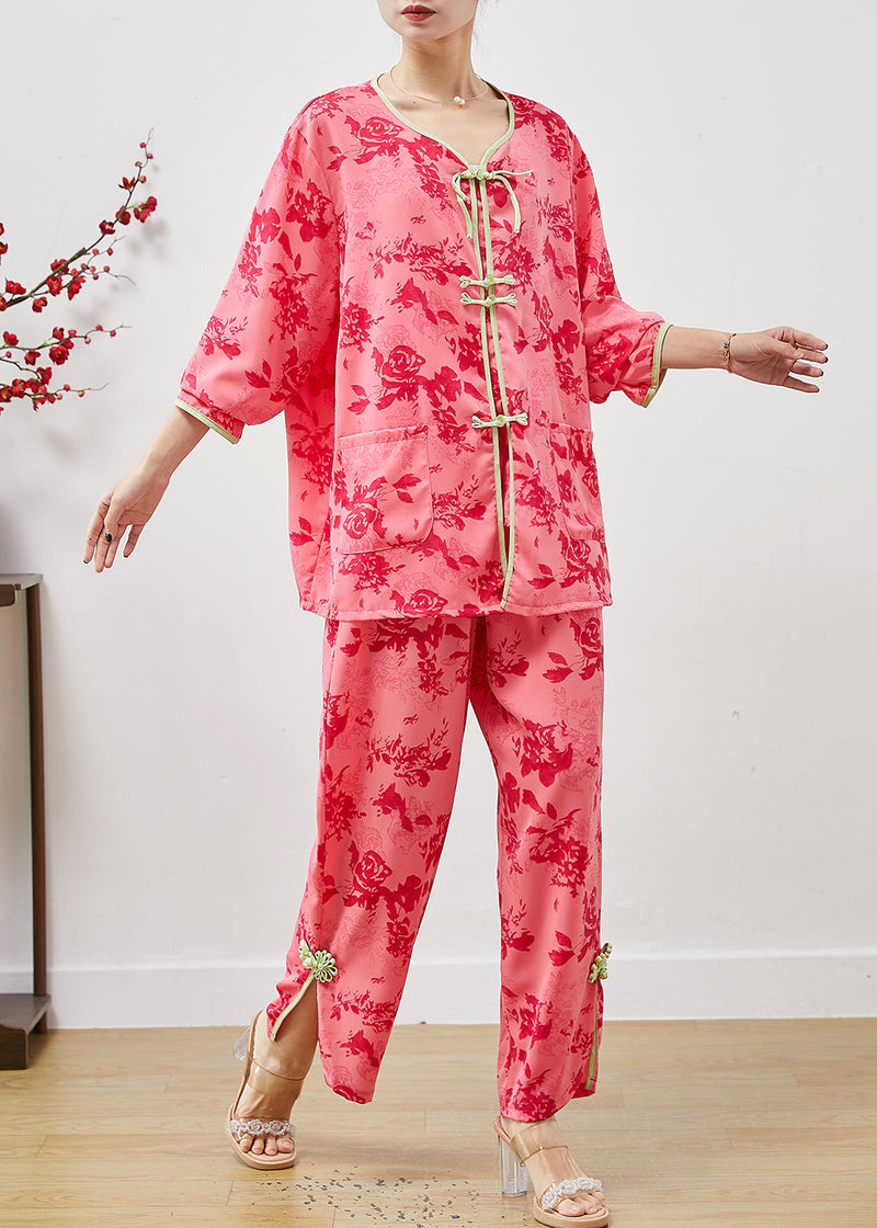 Red Chinese Button Print Cotton Two Pieces Set Summer