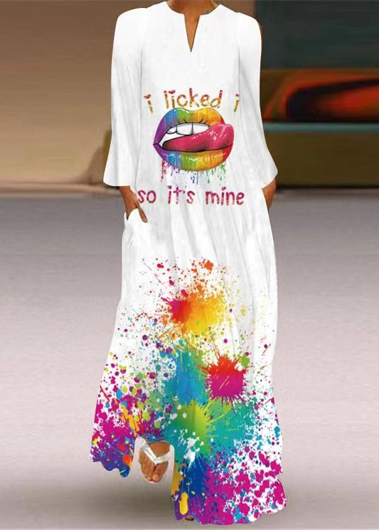 White Print Pockets Maxi Dresses Long Sleeve