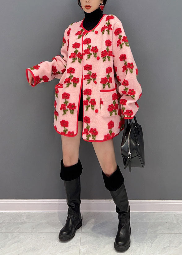 Pink Oversized Jacquard Fluffy Coats Spring