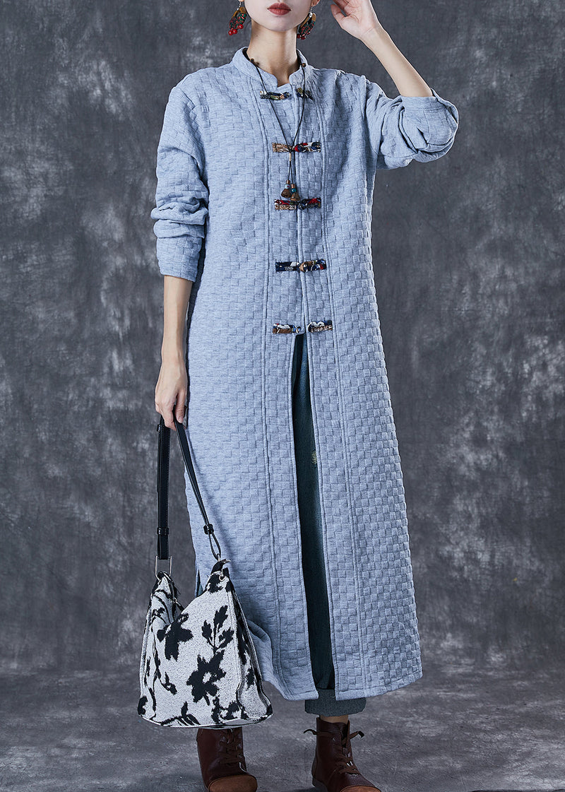 Blue Grey Chinese Button Cotton Trench Coats Fall