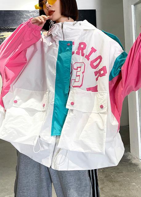Art White Letter Patchwork Cotton Spring Hooded Coat