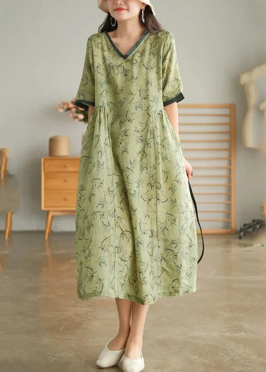 Green Wrinkled V Neck Patchwork Cotton Long Dress Short Sleeve