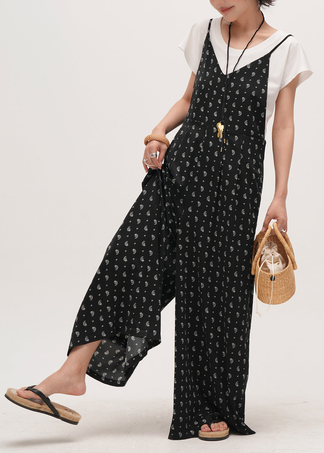 Black Oversized Print Cotton Overalls Jumpsuit Summer
