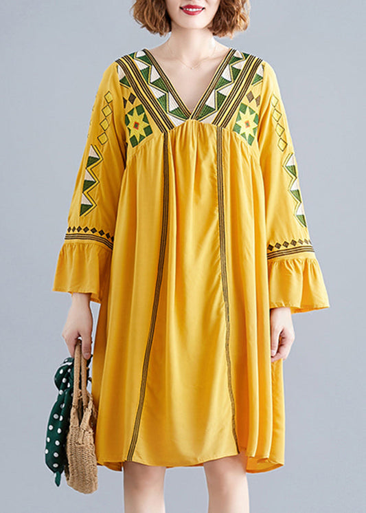 Yellow V Neck a Line Dress Long Sleeve